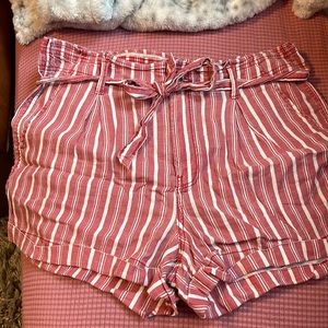 American Eagle red and white striped linen tie waist shorts